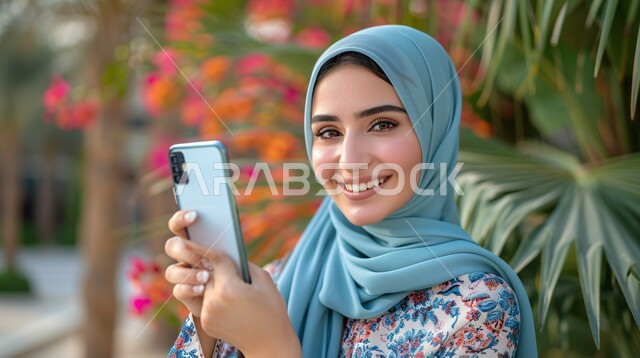  نزهه في الهواء الطلق و الطبيعة الخضراء، التقاط صور تذكارية باستخدام الهاتف المحمول، صورة مقربة لإمرأة عربية خليجية سعودية محجبة تحمل بيدها هاتف تقضي أوقات ممتعة في إحدى حدائق المملكة العربية السعودية