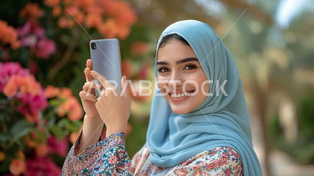 التقاط صور تذكارية باستخدام الهاتف المحمول، صورة مقربة لإمرأة عربية خليجية سعودية محجبة تحمل بيدها هاتف تقضي أوقات ممتعة في إحدى حدائق المملكة العربية السعودية، نزهه في الهواء الطلق و الطبيعة الخضراء