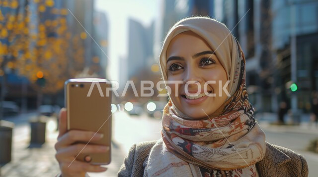 مفهوم الأناقة والملامح الناعمة, صورة مقربة لشابة عربية خليجية سعودية مبتسمة ترتدي الحجاب تقوم باستخدام الهاتف المحمول, التقاط صور تذكارية عبر الجوال, الاهتمام بالمظهر الخارجي, حجابات خليجية عصرية, التجول في المناطق العامة بإيماءات السرور 