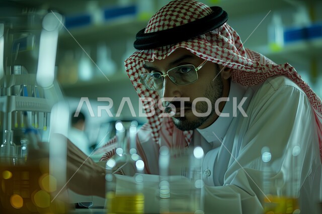 الطب والرعاية الصحيه, تطور التكنولوجيا الحيوية في المختبرات العلمية في المملكة العربية السعودية، مفهوم البحث والتطوير العلمي, صورة مقربة لطبيب عربي خليجي سعودي يرتدي النظارات يقوم بوضع الانابيب الزجاجية في مركز الأبحاث الطبية المتطور