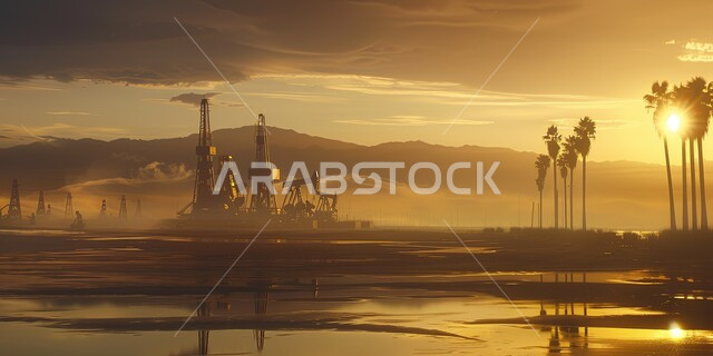 منصة نفط لاستنباط الزيوت وقت الغروب, استخراج وتصدير الثروات الباطنية، حفارة تقوم بالتنقيب عن النفط وسط البحر, آلات حفر ضخمة , جودة الأدوات والمعدات لصناعة وتخزين البترول في المملكة العربية السعودية