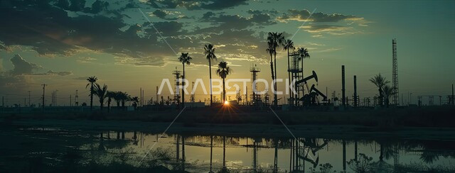 منصة نفط لاستنباط الزيوت وقت الغروب, استخراج وتصدير الثروات الباطنية، حفارة تقوم بالتنقيب عن النفط وسط البحر, آلات حفر ضخمة , جودة الأدوات والمعدات لصناعة وتخزين البترول في المملكة العربية السعودية