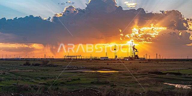 منصة نفط لاستنباط الزيوت وقت الغروب, استخراج وتصدير الثروات الباطنية، حفارة تقوم بالتنقيب عن النفط وسط البحر, آلات حفر ضخمة , جودة الأدوات والمعدات لصناعة وتخزين البترول في المملكة العربية السعودية