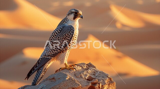 Training and taming birds of prey and predators, the establishment of the Falcon Club during the annual hunting season in the Kingdom of Saudi Arabia, pride in the ancient Saudi heritage in raising falcons, an eagle standing on a rock in one of the nature reserves, a symbol of strength, challenge and sharp eyesight