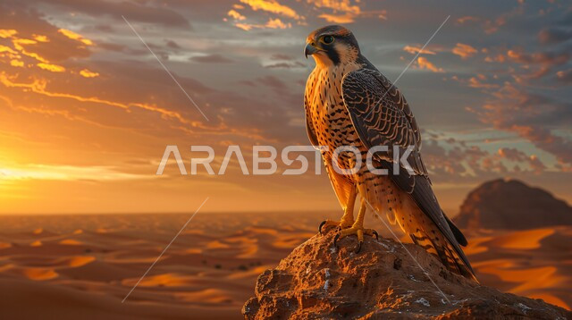 صقر يقف على صخرة في إحدى المحميات الطبيعيه، رمز القوة والتحدي وحدة البصر، تدريب وترويض الطيور الجارحة والمفترسة، إقامة نادي الصقور في موسم الصيد السنوي في المملكة العربية السعودية، الفخر بالتراث السعودي العريق في تربية طائر النسر