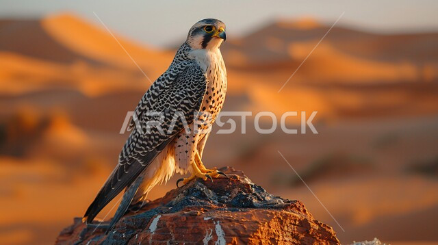 A falcon standing on a rock in a nature reserve, a symbol of strength, challenge and sharp eyesight, training and taming birds of prey and predators, the Falcon Club’s establishment during the annual hunting season in the Kingdom of Saudi Arabia, pride in the ancient Saudi heritage of raising the eagle