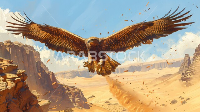 An eagle soaring in a nature reserve, a symbol of strength, challenge and sharp eyesight, training and taming birds of prey and predators, the Falcon Club’s establishment during the annual hunting season in the Kingdom of Saudi Arabia, pride in the ancient Saudi heritage of raising falcons