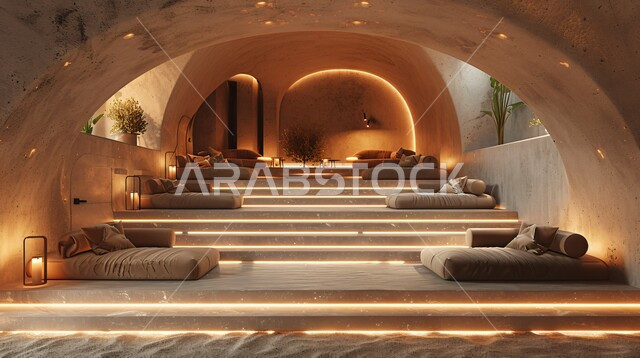 Cave-shaped stone house, architectural arts of apartments and residential villas in the popular Arabic style, traditional interior designs and decorations of furniture and seating