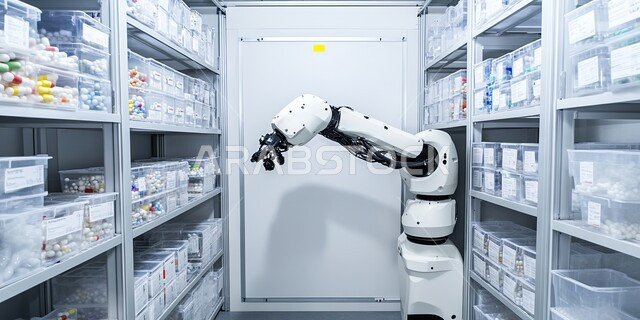 تقدم التقنيات والتكنولوجيا الحديثة، جرد وفحص مخزون الأدوية والمستلزمات الطبية داخل الصيدلية، تقديم الرعاية الصحية والوصفات الطبية، صورة مقربة لذراع روبوت تقوم بالبحث عن الوصفة الدوائية