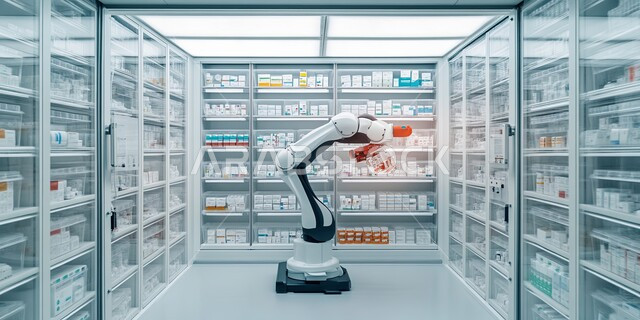 تقدم التقنيات والتكنولوجيا الحديثة، جرد وفحص مخزون الأدوية والمستلزمات الطبية داخل الصيدلية، تقديم الرعاية الصحية والوصفات الطبية، صورة مقربة لذراع روبوت تقوم بالبحث عن الوصفة الدوائية