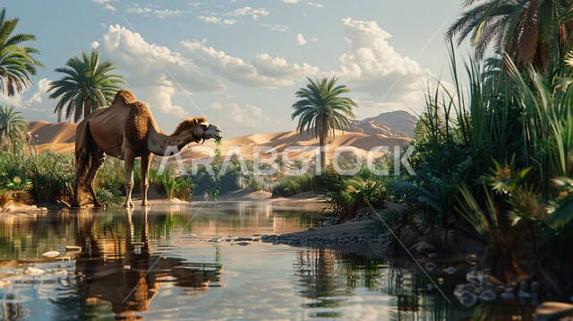 حيوان الجمل يقوم بشرب مياه البحيرة في النهار, المحميات الطبيعية لأشجار النخيل في المملكة العربية السعودية, مناطق رحلات السفاري الترفيهية, الهضاب والتلال والكثبان الرملية الناعمة في الصحراء, التضاريس والقمم والمرتفعات الجبلية، خلفية الطبيعة