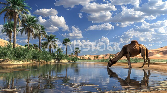 حيوان الجمل يقوم بشرب مياه البحيرة في النهار, المحميات الطبيعية لأشجار النخيل في المملكة العربية السعودية, مناطق رحلات السفاري الترفيهية, الهضاب والتلال والكثبان الرملية الناعمة في الصحراء, التضاريس والقمم والمرتفعات الجبلية، خلفية الطبيعة