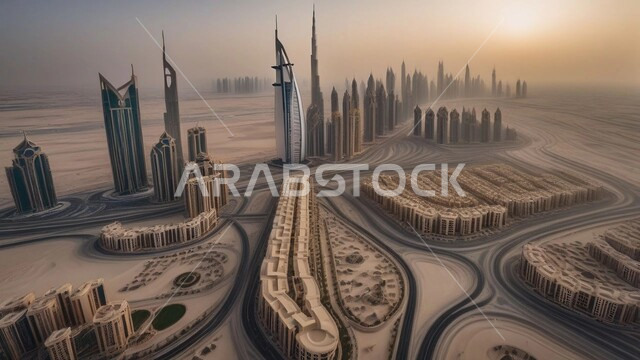 بناء مستقبل حضاري متطور في دبي، المباني والمنشآت التجارية الشاهقة وقت الشروق، الفنون والتصاميم المعمارية الحديثة، ناطحات السحاب والأبراج في الامارات العربية المتحدة، منظر تخيلي مستقبلي للتقدم والنمو العمراني، تحسين وتطوير البنية التحتية