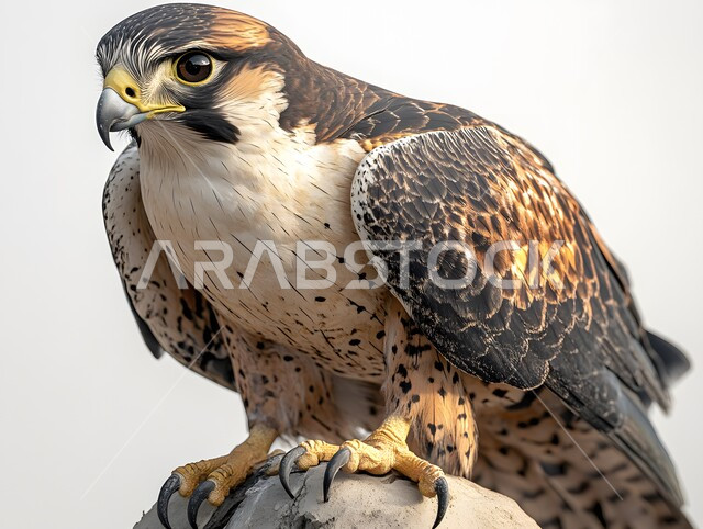Training and taming birds of prey and predators, Falcon Club establishment in the annual hunting season in the Kingdom, pride in the ancient Saudi heritage, close-up of a peregrine falcon standing on a rock in a nature reserve, symbol of strength, challenge and sharp eyesight, white background