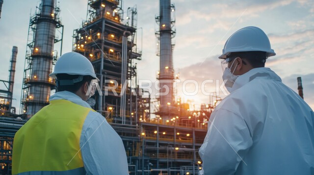 العمل في القطاع الهندسي, معامل و مصانع المملكة العربية السعودية, تحقيق الثورة الصناعية, صورة من الخلف لمهندسان عربيان خليجيان سعوديان يرتديان سترة و خوذة الحماية يقومان بالإشراف على الأعمال في المصنع