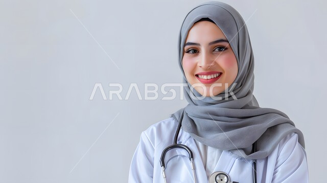 الفحص الطبي وتقديم الخدمات العلاجية والاستشارية للمرضى، بورتريه مقرب لطبيبة عربية خليجية سعودية محجبة مبتسمة ترتدي المعطف الطبي وتضع سماعة الفحص حول عنقها تنظر الى الكاميرا بإيماءات السرور والثقة بالنفس، عمل النساء في مجال الطب وقطاع الصحة، خلفية رمادية