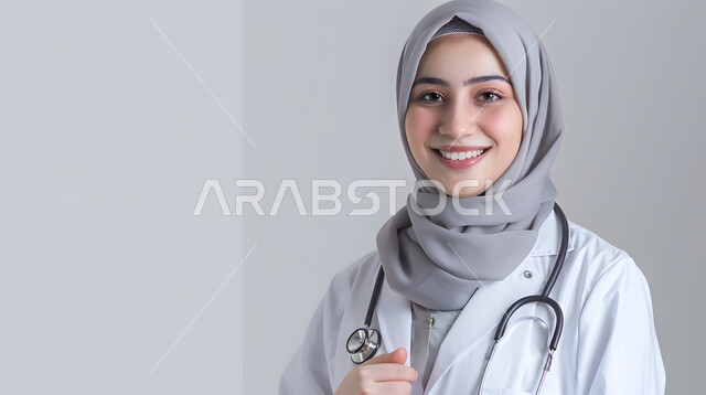 الفحص الطبي وتقديم الخدمات العلاجية والاستشارية للمرضى، بورتريه مقرب لطبيبة عربية خليجية سعودية محجبة مبتسمة ترتدي المعطف الطبي وتضع سماعة الفحص حول عنقها تنظر الى الكاميرا بإيماءات السرور والثقة بالنفس، عمل النساء في مجال الطب وقطاع الصحة، خلفية رمادية