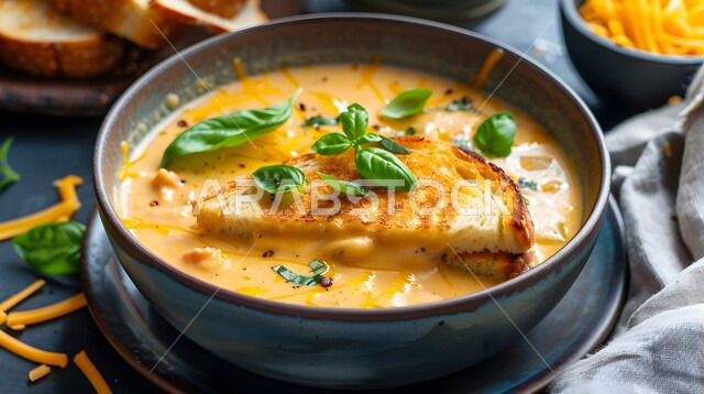 A dish of vegetable soup with tomato sauce decorated with green herbs, traditional popular foods and dishes, delicious hot appetizers, oriental foods and meals, kitchens and restaurants of the Kingdom of Saudi Arabia, Asian food recipes