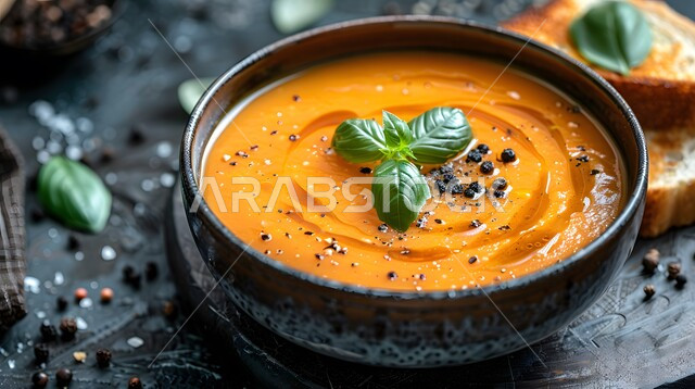 طبق من حساء الخضار مع صلصة الطماطم المزين بالأعشاب الخضراء, أكلات وأطباق شعبية تقليدية، المقبلات الساخنة الشهية، المأكولات والوجبات الشرقية، مطابخ ومطاعم المملكة العربية السعودية, صفات الطعام الآسيوية