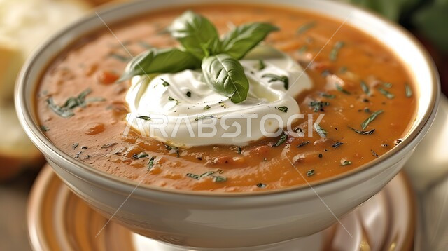 طبق من حساء الخضار مع صلصة الطماطم المزين بالأعشاب الخضراء, أكلات وأطباق شعبية تقليدية، المقبلات الساخنة الشهية، المأكولات والوجبات الشرقية، مطابخ ومطاعم المملكة العربية السعودية, صفات الطعام الآسيوية