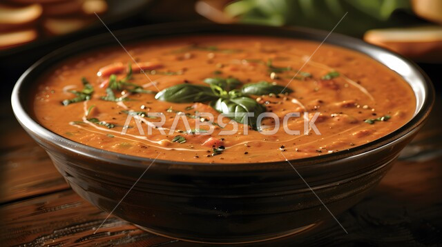 طبق من حساء الخضار مع صلصة الطماطم المزين بالأعشاب الخضراء, أكلات وأطباق شعبية تقليدية، المقبلات الساخنة الشهية، المأكولات والوجبات الشرقية، مطابخ ومطاعم المملكة العربية السعودية, صفات الطعام الآسيوية