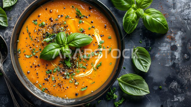 طبق من حساء الخضار مع صلصة الطماطم المزين بالأعشاب الخضراء, أكلات وأطباق شعبية تقليدية، المقبلات الساخنة الشهية، المأكولات والوجبات الشرقية، مطابخ ومطاعم المملكة العربية السعودية, صفات الطعام الآسيوية