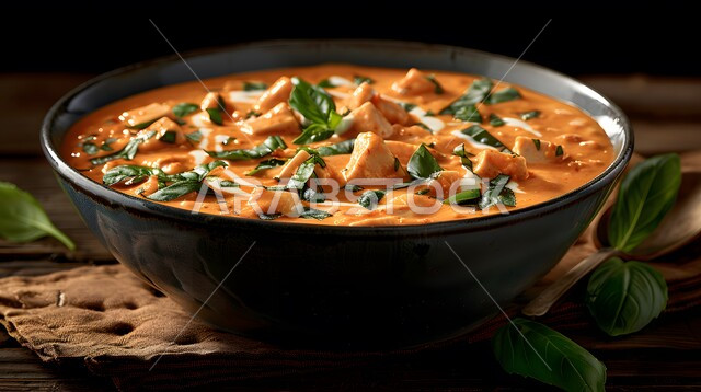 طبق من حساء الخضار مع صلصة الطماطم المزين بالأعشاب الخضراء, أكلات وأطباق شعبية تقليدية، المقبلات الساخنة الشهية، المأكولات والوجبات الشرقية، مطابخ ومطاعم المملكة العربية السعودية, صفات الطعام الآسيوية