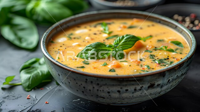 طبق من حساء الخضار مع صلصة الطماطم المزين بالأعشاب الخضراء, أكلات وأطباق شعبية تقليدية، المقبلات الساخنة الشهية، المأكولات والوجبات الشرقية، مطابخ ومطاعم المملكة العربية السعودية, صفات الطعام الآسيوية