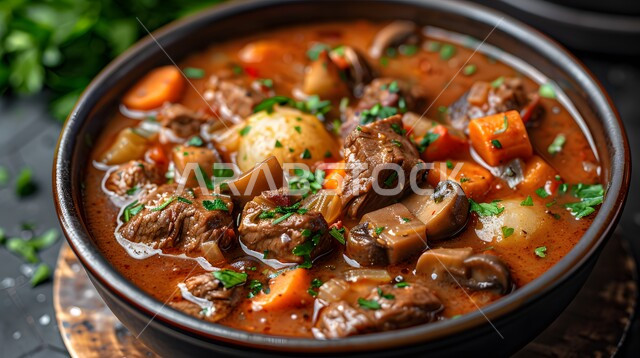 أطعمة غذائية غنية بالبروتين، صورة مقربة لزبدية من اللحم مع الخضار المطبوخة والتوابل، وجبة صحية ذات قيمة عالية, وصفات المطبخ السعودي الغني بالنكهات, اللحوم البقرية المطبوخة الشهية، مطاعم للمأكولات العربية الشرقية