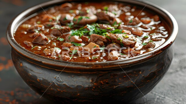 أطعمة غذائية غنية بالبروتين، صورة مقربة لزبدية من اللحم مع الخضار المطبوخة والتوابل، وجبة صحية ذات قيمة عالية, وصفات المطبخ السعودي الغني بالنكهات, اللحوم البقرية المطبوخة الشهية، مطاعم للمأكولات العربية الشرقية