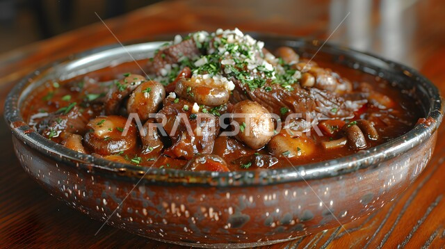 أطعمة غذائية غنية بالبروتين، صورة مقربة لزبدية من اللحم مع الخضار المطبوخة والتوابل، وجبة صحية ذات قيمة عالية, وصفات المطبخ السعودي الغني بالنكهات, اللحوم البقرية المطبوخة الشهية، مطاعم للمأكولات العربية الشرقية