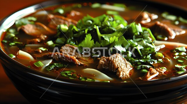 Nutritional foods rich in protein, a close-up of a bowl of meat with cooked vegetables and spices, a healthy meal with high value, recipes for Saudi cuisine rich in flavours, delicious cooked beef, restaurants for eastern Arab cuisine