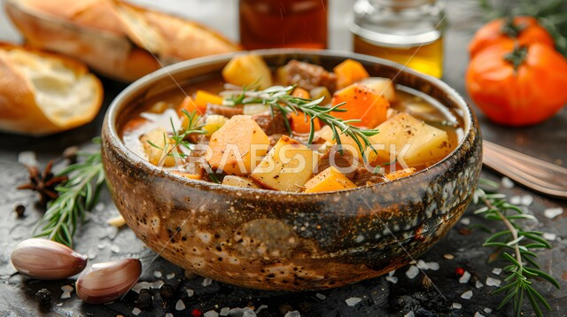 A dish of potatoes with vegetables and delicious cooked meat, traditional popular foods and dishes, delicious hot appetizers, oriental food and meals, kitchens and restaurants of the Kingdom of Saudi Arabia, Asian food recipes