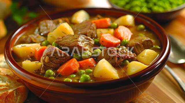 طبق من البطاطا مع الخضار و اللحم الشهي المطبوخ, أكلات وأطباق شعبية تقليدية، المقبلات الساخنة الشهية، المأكولات والوجبات الشرقية، مطابخ ومطاعم المملكة العربية السعودية, صفات الطعام الآسيوية