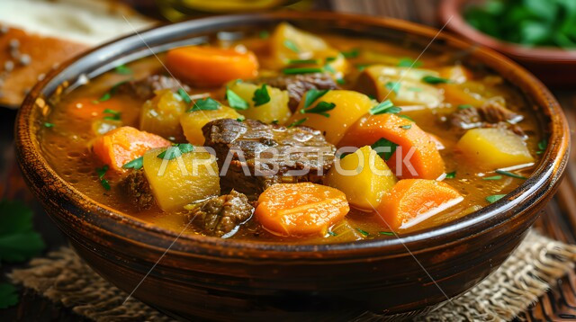 طبق من البطاطا مع الخضار و اللحم الشهي المطبوخ, أكلات وأطباق شعبية تقليدية، المقبلات الساخنة الشهية، المأكولات والوجبات الشرقية، مطابخ ومطاعم المملكة العربية السعودية, صفات الطعام الآسيوية