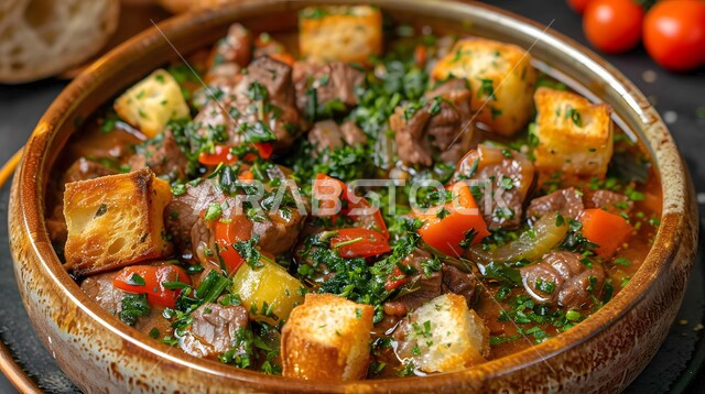 طبق من البطاطا مع الخضار و اللحم الشهي المطبوخ, أكلات وأطباق شعبية تقليدية، المقبلات الساخنة الشهية، المأكولات والوجبات الشرقية، مطابخ ومطاعم المملكة العربية السعودية, صفات الطعام الآسيوية