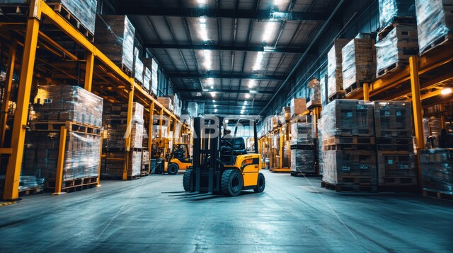 Forklift movement inside warehouses of factories and plants in the Kingdom of Saudi Arabia, the concept of logistics services and wholesale trade, boxes and packaged goods inside the warehouse, receiving, storage and distribution operations, the concept of inventory management