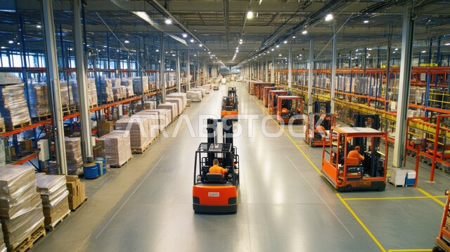 حركة الرافعات الشوكية داخل مخازن المعامل والمصانع في المملكة العربية السعودية، مفهوم الخدمات اللوجستية وتجارة الجملة، صناديق وبضائع مغلفة داخل المستودع، عمليات الاستلام والتخزين والتوزيع، مفهوم إدارة المخزون