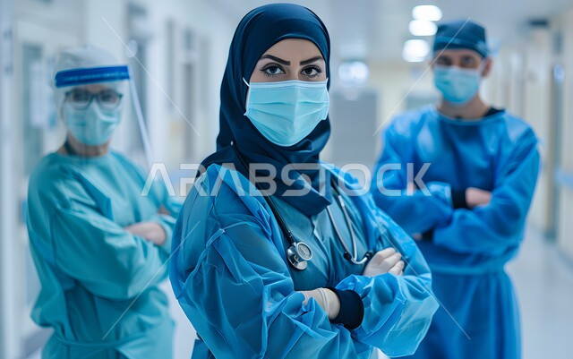 نشر الوعي الصحي للحد من انتشار كوفيد19, اتباع الإجاراءات الاحترازية للوقاية من فايروس كورونا, مجموعة أطباء عربيين خليجيين سعوديين يرتدون الزي الطبي و القناع الواقي يقفون باستقامة و أيدي متقاطعة, النظر إلى الكاميرا بإيماءات الجدية و الحزم