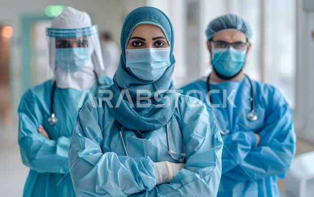 نشر الوعي الصحي للحد من انتشار كوفيد19, اتباع الإجاراءات الاحترازية للوقاية من فايروس كورونا, مجموعة أطباء عربيين خليجيين سعوديين يرتدون الزي الطبي و القناع الواقي يقفون باستقامة و أيدي متقاطعة, النظر إلى الكاميرا بإيماءات الجدية و الحزم