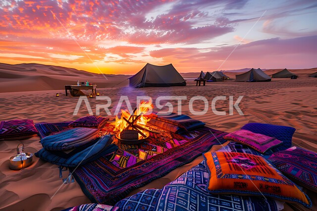 الأجواء الشتوية الهادئة, خيمة بدوية شعبية وسط الصحراء، التضاريس والرمال الذهبية الناعمة وقت غروب الشمس، مخيمات سياحية في المناطق البرية، كشتة و جلسة بر شبابية، التخييم في صحاري المملكة العربية السعودية