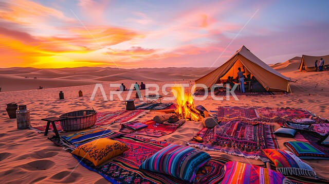 الأجواء الشتوية الهادئة, خيمة بدوية شعبية وسط الصحراء، التضاريس والرمال الذهبية الناعمة وقت غروب الشمس، مخيمات سياحية في المناطق البرية، كشتة و جلسة بر شبابية، التخييم في صحاري المملكة العربية السعودية