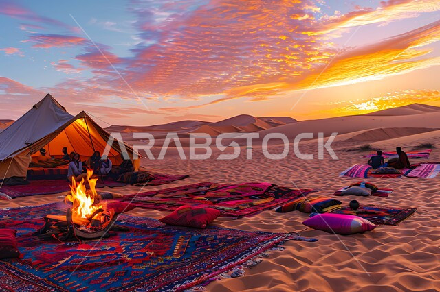 الأجواء الشتوية الهادئة, خيمة بدوية شعبية وسط الصحراء، التضاريس والرمال الذهبية الناعمة وقت غروب الشمس، مخيمات سياحية في المناطق البرية، كشتة و جلسة بر شبابية، التخييم في صحاري المملكة العربية السعودية