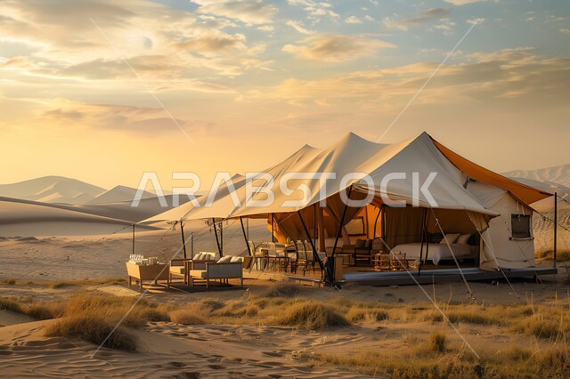 كشتة و جلسة بر شبابية، التخييم في صحاري المملكة العربية السعودية, الأجواء الشتوية الهادئة, خيمة بدوية شعبية وسط الصحراء، التضاريس والرمال الذهبية الناعمة وقت غروب الشمس، مخيمات سياحية في المناطق البرية