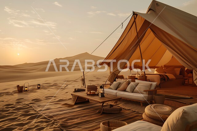 كشتة و جلسة بر شبابية، التخييم في صحاري المملكة العربية السعودية, الأجواء الشتوية الهادئة, خيمة بدوية شعبية وسط الصحراء، التضاريس والرمال الذهبية الناعمة وقت غروب الشمس، مخيمات سياحية في المناطق البرية