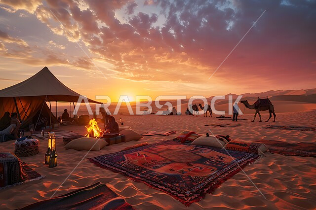 الأجواء الشتوية الهادئة, خيمة بدوية شعبية وسط الصحراء، التضاريس والرمال الذهبية الناعمة وقت غروب الشمس، مخيمات سياحية في المناطق البرية، كشتة و جلسة بر شبابية، التخييم في صحاري السعودية، الجمال العربية الاصيلة