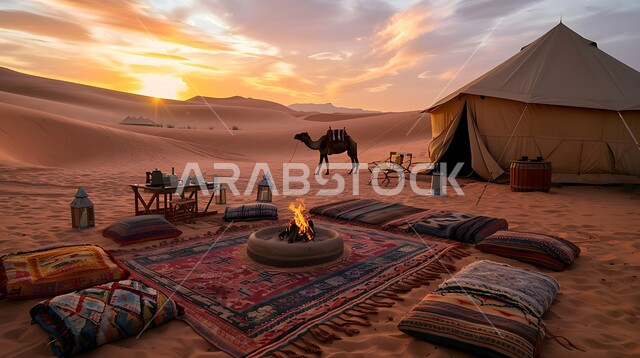 الأجواء الشتوية الهادئة, خيمة بدوية شعبية وسط الصحراء، التضاريس والرمال الذهبية الناعمة وقت غروب الشمس، مخيمات سياحية في المناطق البرية، كشتة و جلسة بر شبابية، التخييم في صحاري السعودية، الجمال العربية الاصيلة