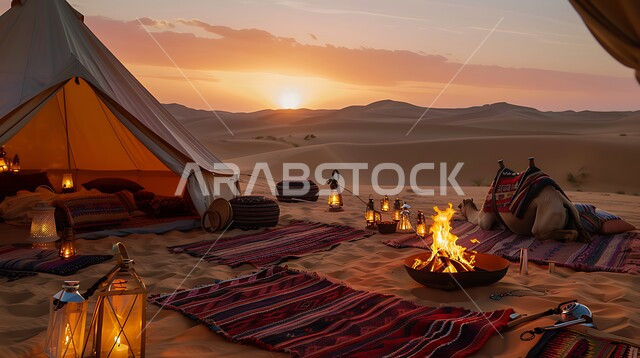 كشتة و جلسة بر شبابية، التخييم في صحاري المملكة العربية السعودية, الأجواء الشتوية الهادئة, خيمة بدوية شعبية وسط الصحراء، التضاريس والرمال الذهبية الناعمة وقت غروب الشمس، مخيمات سياحية في المناطق البرية