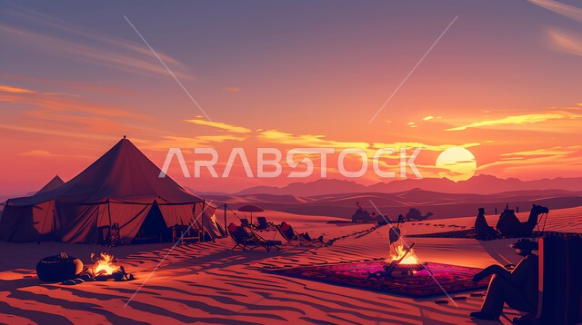 الأجواء الشتوية الهادئة, خيمة بدوية شعبية وسط الصحراء، التضاريس والرمال الذهبية الناعمة وقت غروب الشمس، مخيمات سياحية في المناطق البرية، كشتة و جلسة بر شبابية، التخييم في صحاري السعودية، الجمال العربية الاصيلة