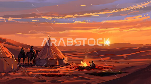 الأجواء الشتوية الهادئة, خيمة بدوية شعبية وسط الصحراء، التضاريس والرمال الذهبية الناعمة وقت غروب الشمس، مخيمات سياحية في المناطق البرية، كشتة و جلسة بر شبابية، التخييم في صحاري السعودية، الجمال العربية الاصيلة